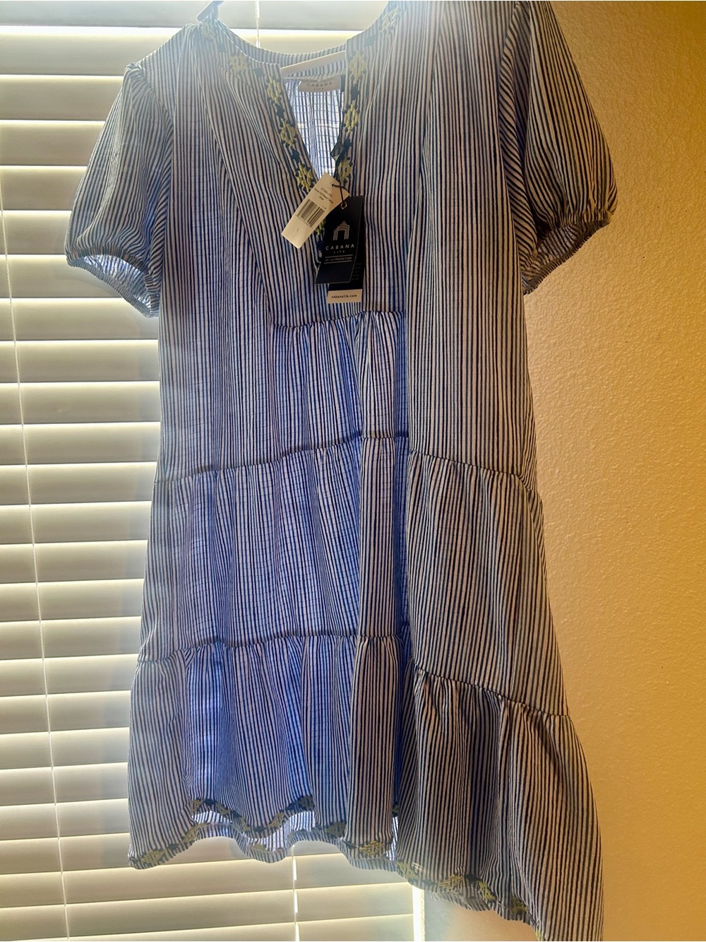 Cabana Life Blue and White Striped Embroidered V-Neck Dress
